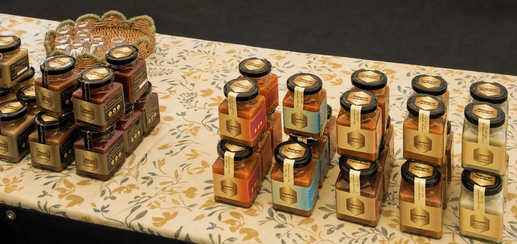 Fresh sauce jars arranged across a botanical market table.